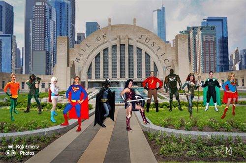 Superman, Batman, Wonder Woman and many Justice League Of America members gather in front of the Hall Of Justice